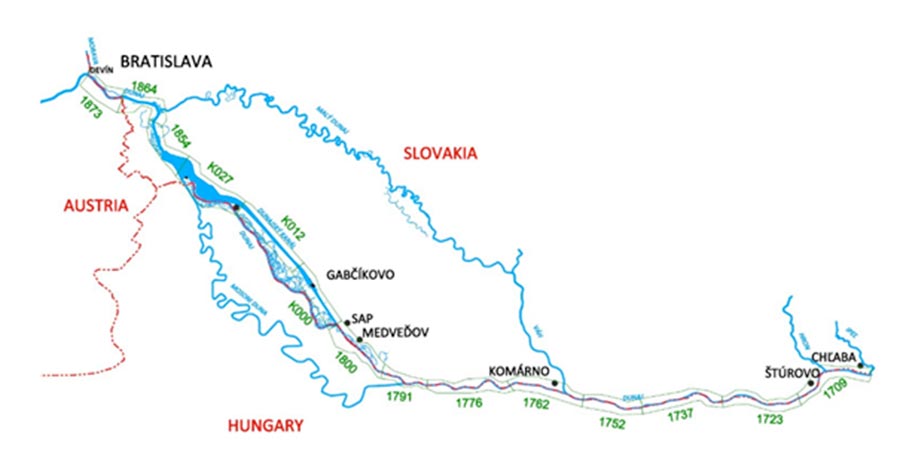Obrázok slovenského úseku Dunaja od rakúska až po Maďarsko