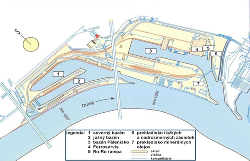 Situačná mapa nákladného prístavu v Bratislave spolu s legendou kde sa čo nachádza